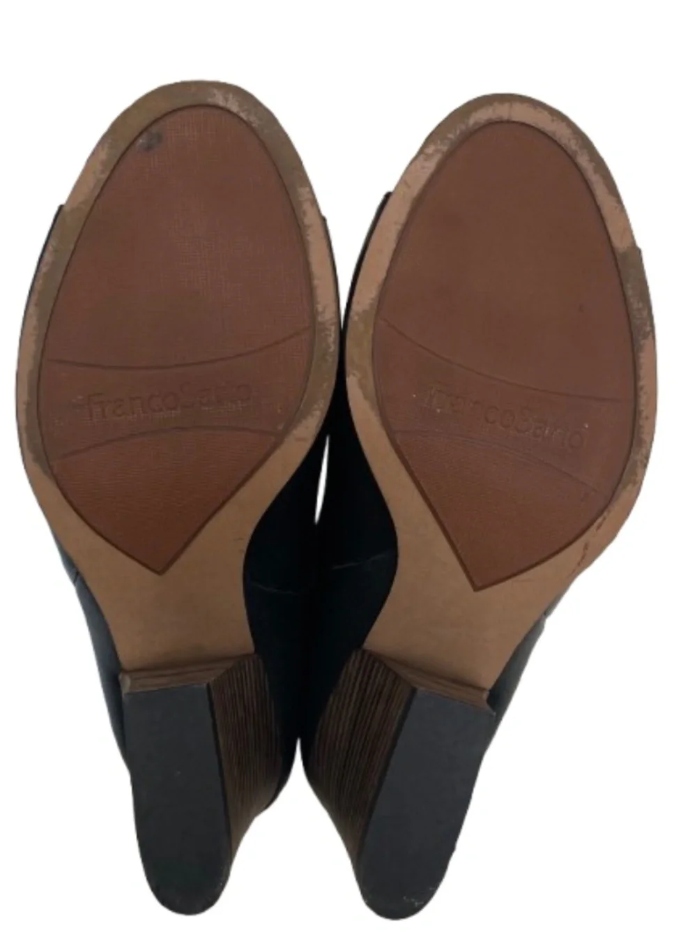 Franco Sarto Black Leather Peep Toe Block Heel Mules